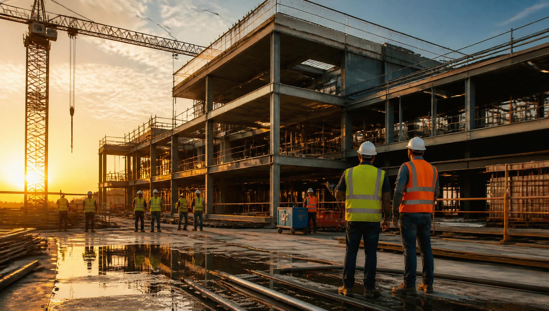 Obra en ejecución con estructura de hormigón y personal técnico al atardecer
